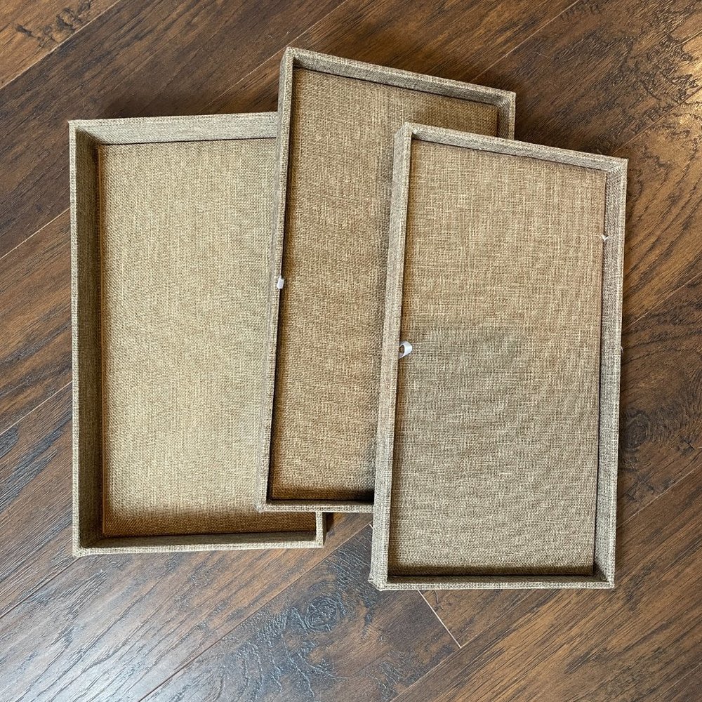 Burlap Jewelry Display Trays 1" and 2" deep set of 3